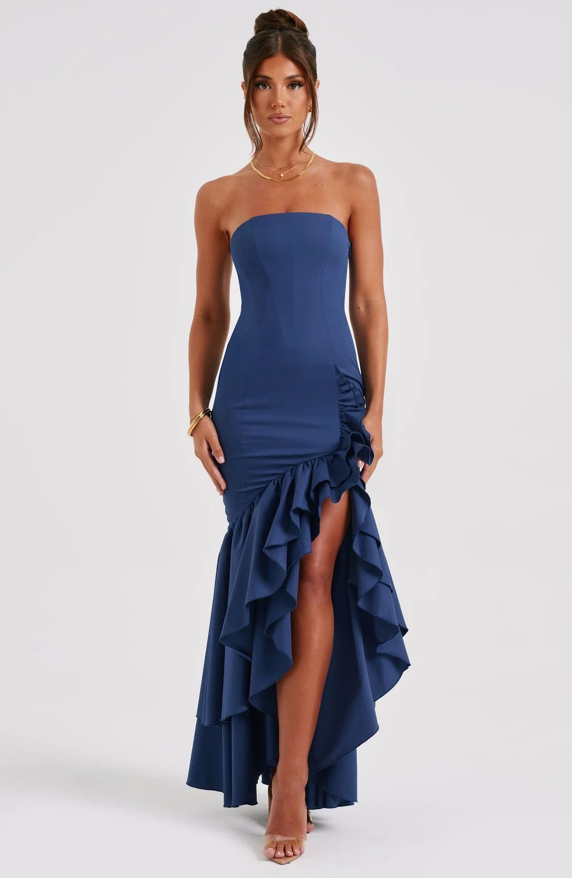 schulterfreies Maxi Kleid mit Beinschlitz