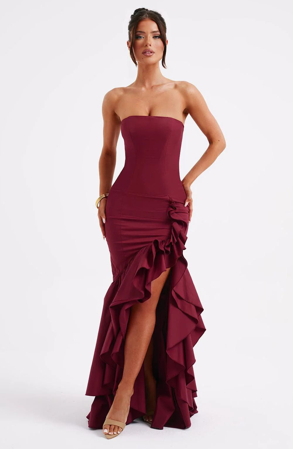 schulterfreies Maxi Kleid mit Beinschlitz