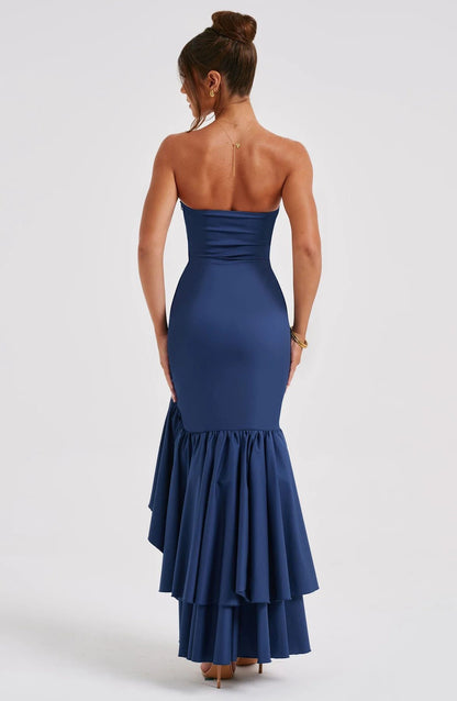 schulterfreies Maxi Kleid mit Beinschlitz