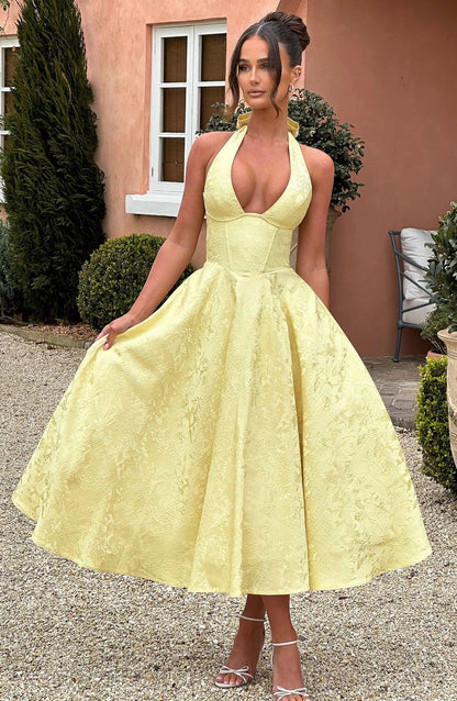 buttergelbes Midi Kleid mit V-Ausschnitt
