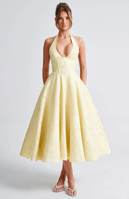 buttergelbes Midi Kleid mit V-Ausschnitt