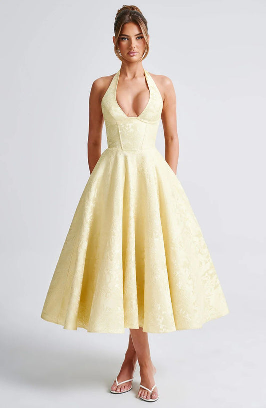 buttergelbes Midi Kleid mit V-Ausschnitt