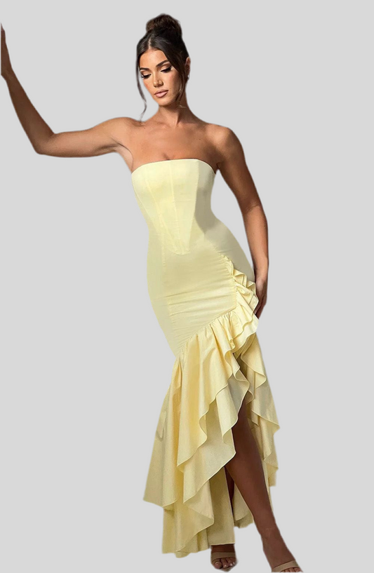 schulterfreies Maxi Kleid mit Beinschlitz