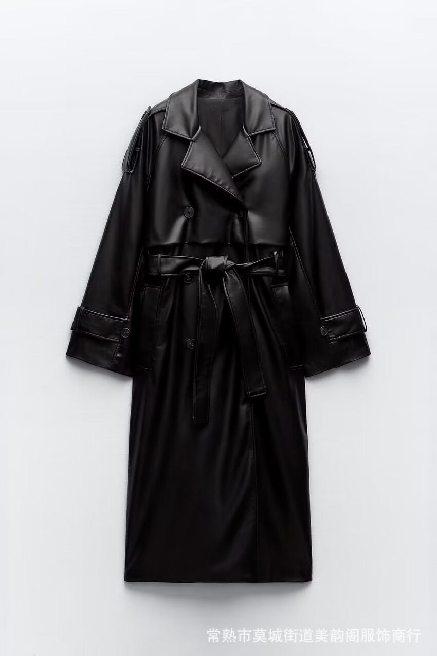 Langer Leder Trenchcoat