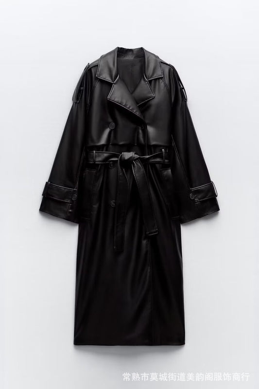 Langer Leder Trenchcoat